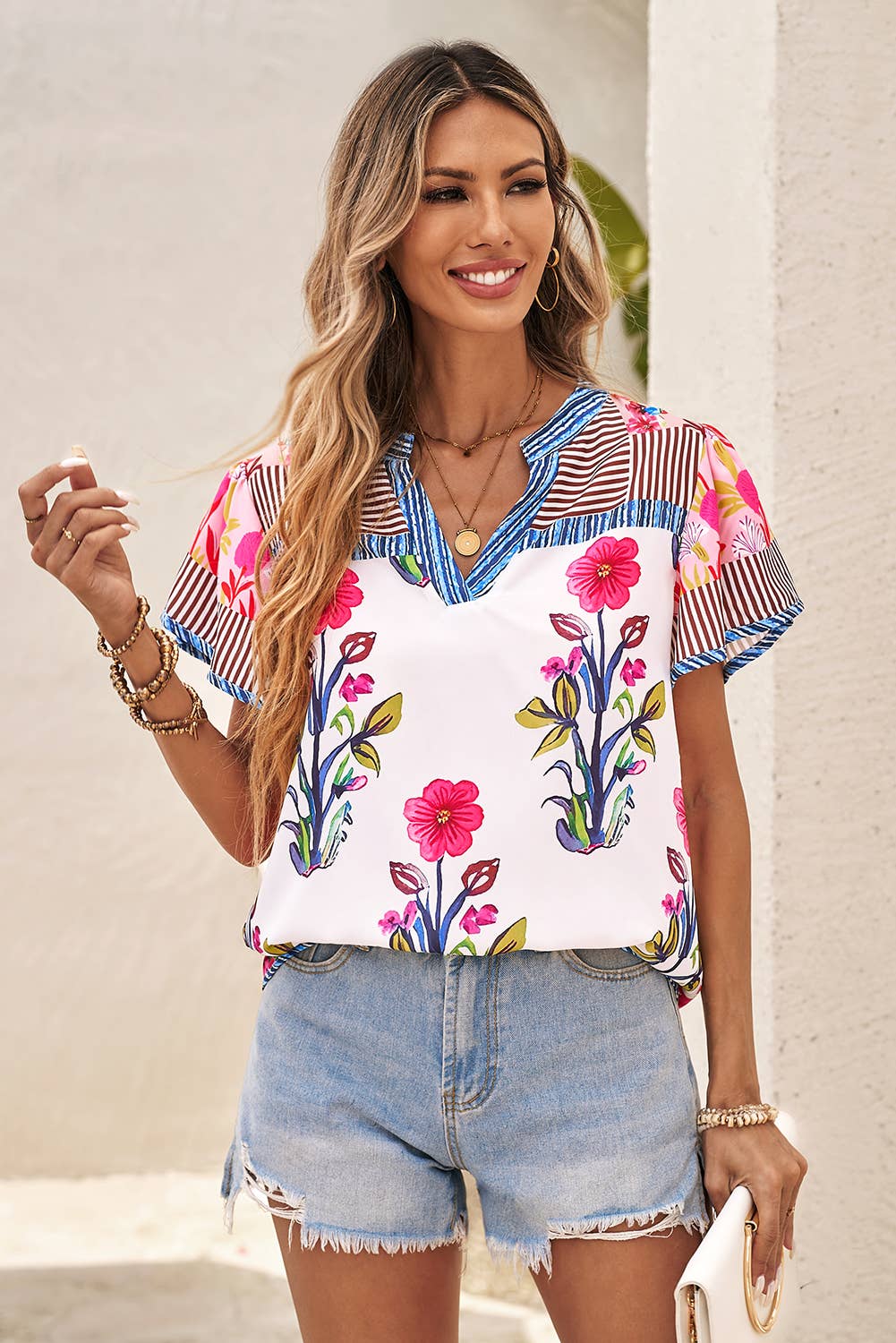 Floral Striped Patchwork Short Sleeve Split Neck Blouse: Pink / L