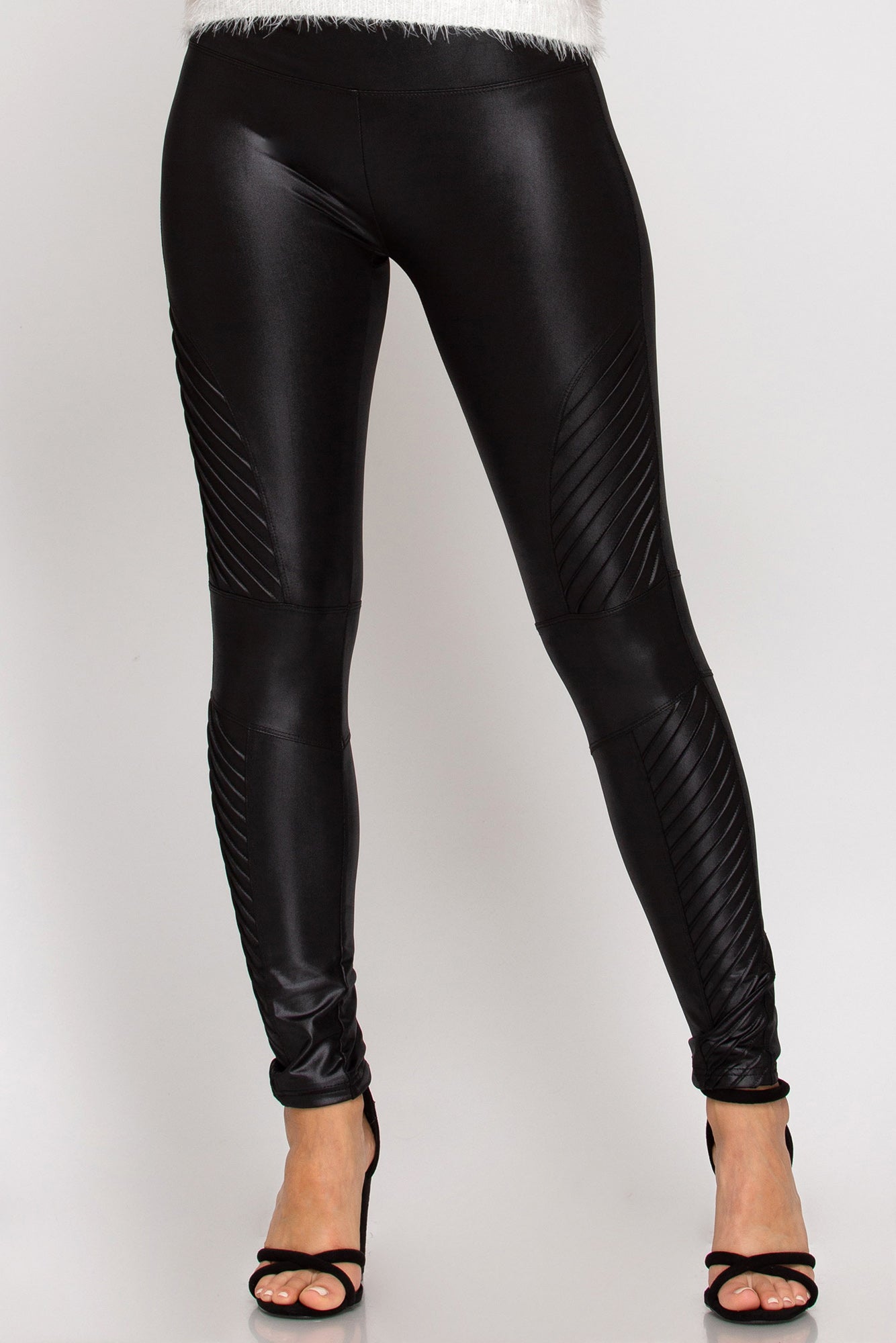 Black Faux Fur Leather Full Length Leggings Skinny Slim Style
