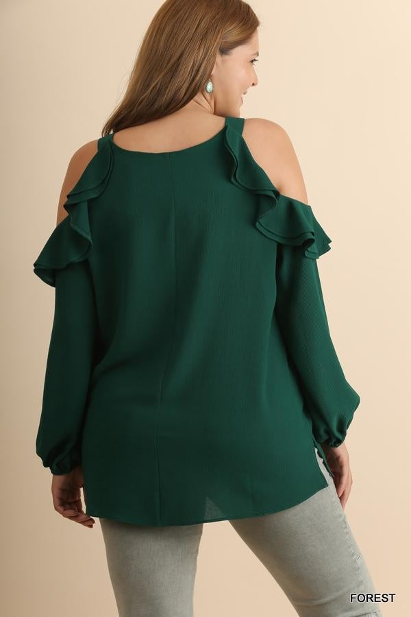 Ruffle Cold Shoulder Sleeve Blouse Forest Green