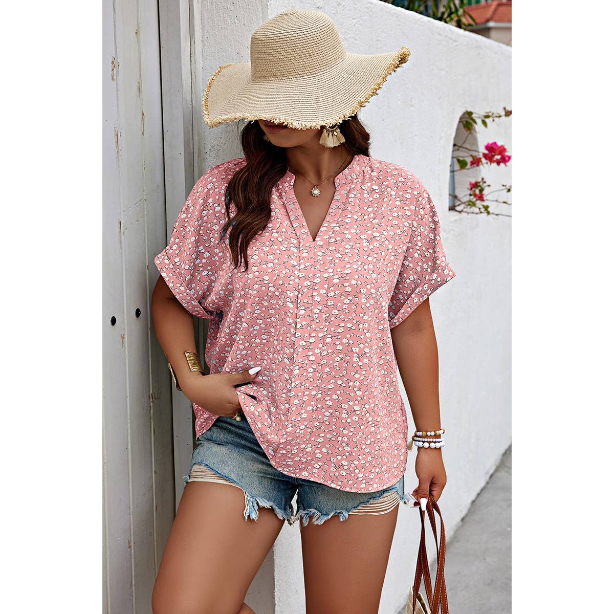 Plus Size Floral Print V Neck Short Sleeve Blouse: PINK / 2X