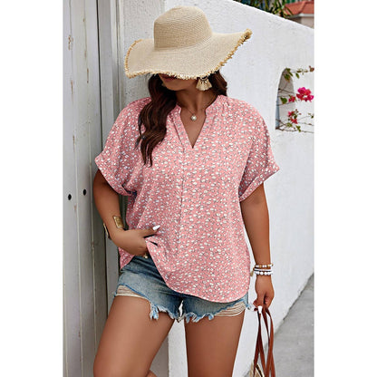 Plus Size Floral Print V Neck Short Sleeve Blouse: PINK / XL