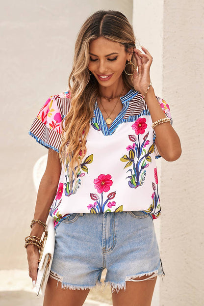 Floral Striped Patchwork Short Sleeve Split Neck Blouse: Pink / M