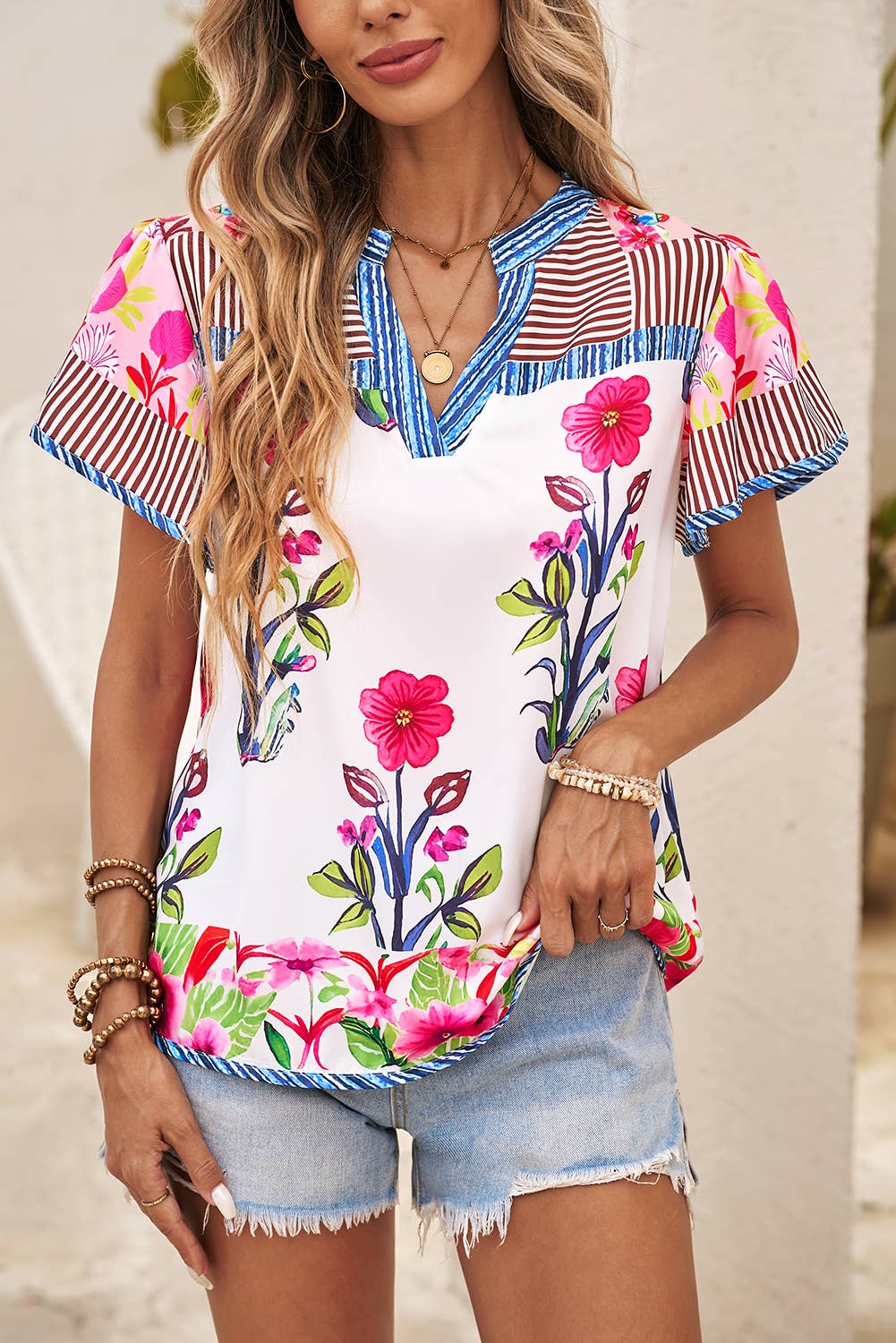 Floral Striped Patchwork Short Sleeve Split Neck Blouse: Pink / M