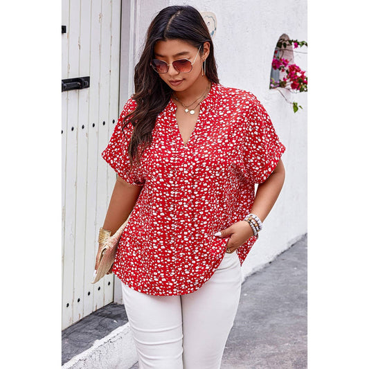 Plus Floral Print V Neck Short Sleeve Loose Blouse: RED / 1X