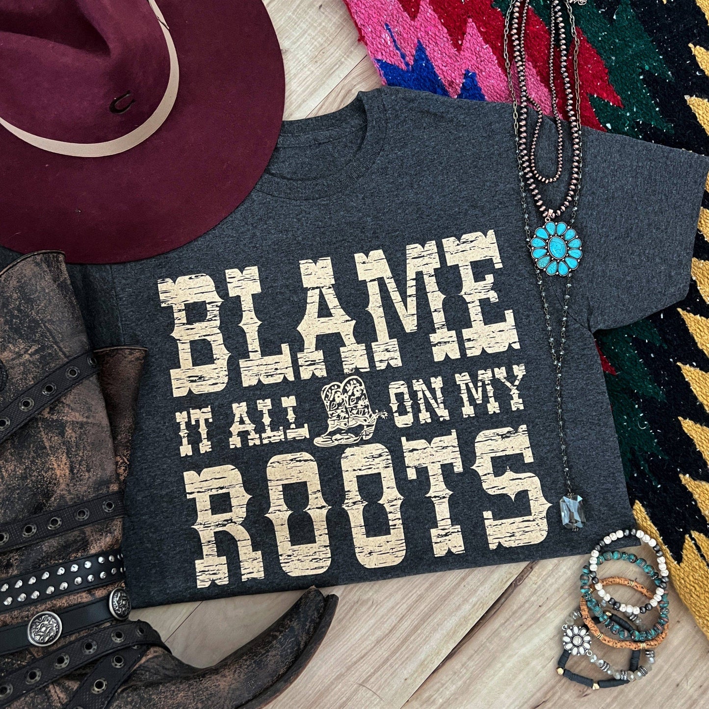 Blame It All On My Roots Soft Graphic Tee: Charcoal / S
