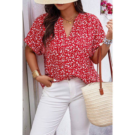 Plus Floral Print V Neck Short Sleeve Loose Blouse: RED / XL