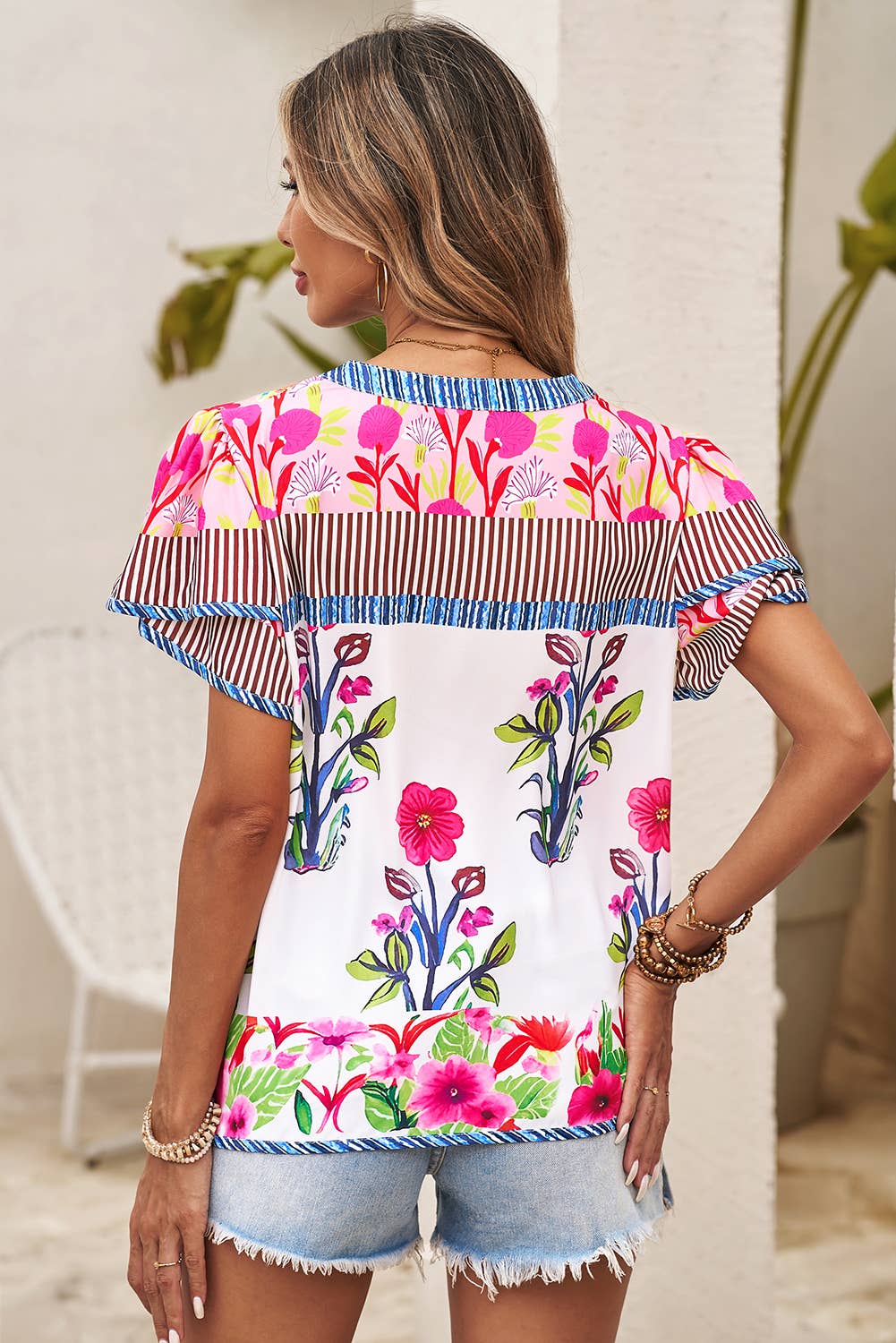 Floral Striped Patchwork Short Sleeve Split Neck Blouse: Pink / L