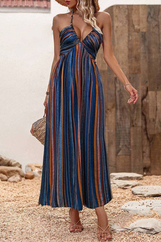 Striped Halter Beach Maxi Dress: DARK BLUE / S