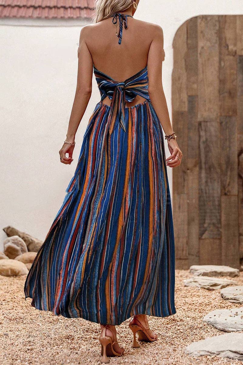 Striped Halter Beach Maxi Dress: DARK BLUE / 2XL
