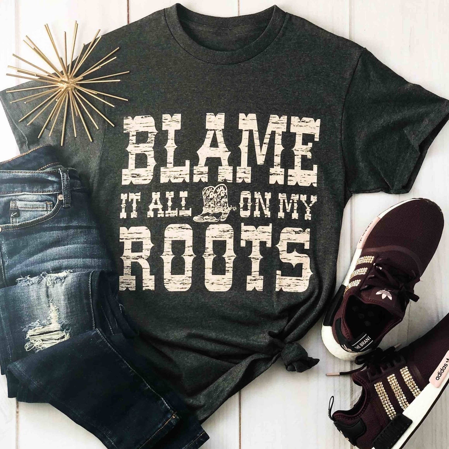 Blame It All On My Roots Soft Graphic Tee: Charcoal / S