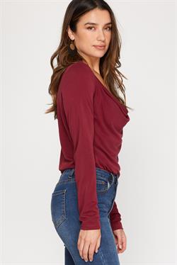 Wine Cowl Neck Long Sleeve Bodysuit