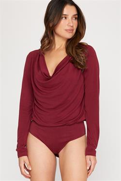 Wine Cowl Neck Long Sleeve Bodysuit