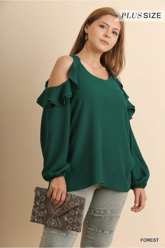 Ruffle Cold Shoulder Sleeve Blouse Forest Green