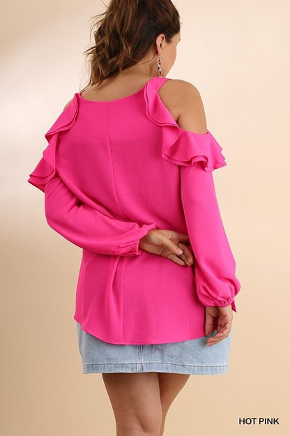 Hot Pink Ruffle Cold Shoulder Sleeve Top