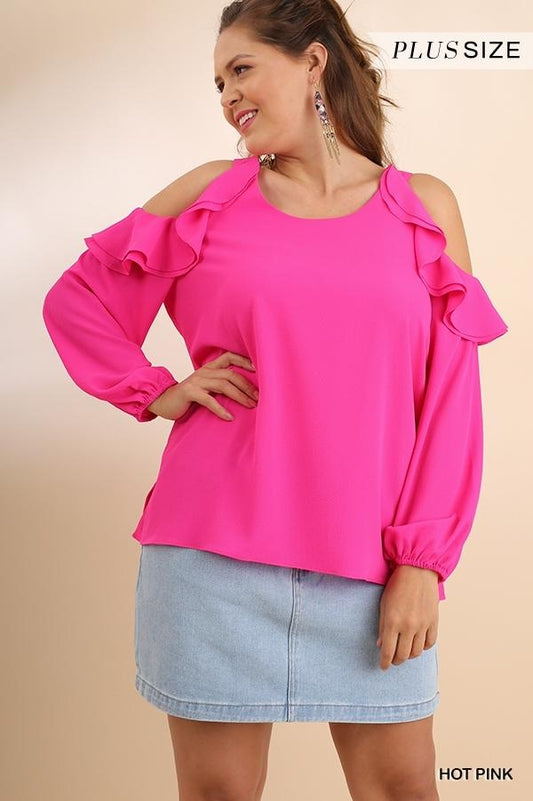 Hot Pink Ruffle Cold Shoulder Sleeve Top