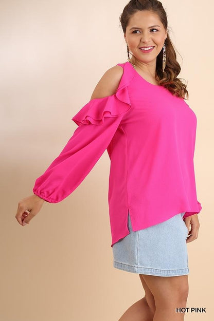 Hot Pink Ruffle Cold Shoulder Sleeve Top
