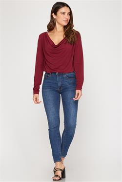 Wine Cowl Neck Long Sleeve Bodysuit